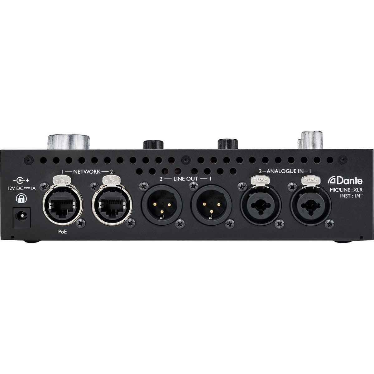 Focusrite RedNet X2P audio interface with multiple input and output ports, professional-grade audio equipment.