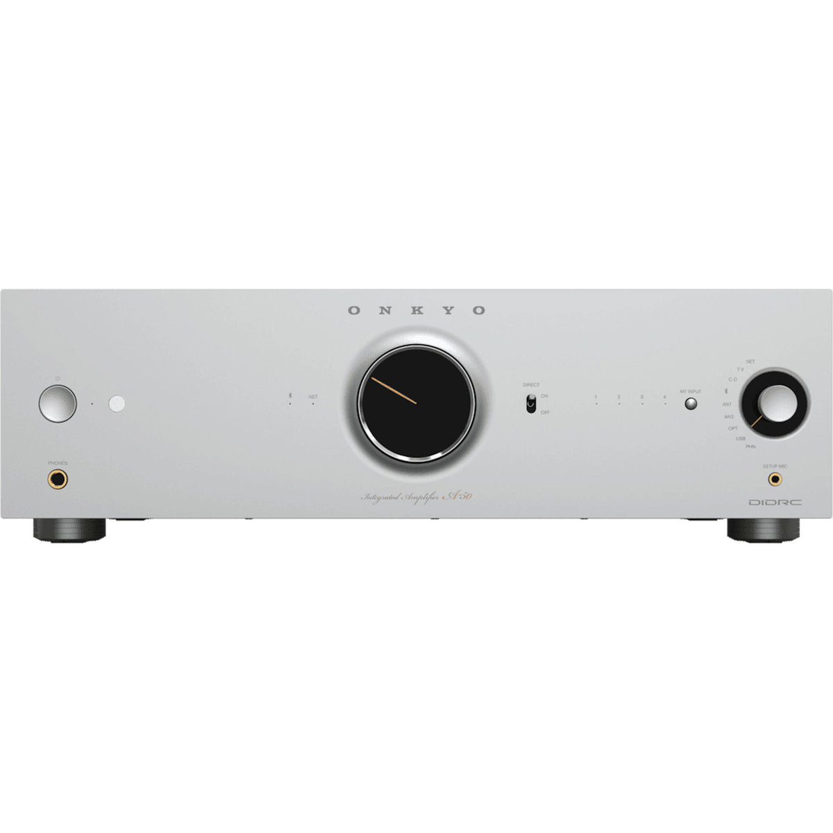Onkyo Icon A-50 stereo amplifier with black finish, featuring control knobs and input ports on front panel.