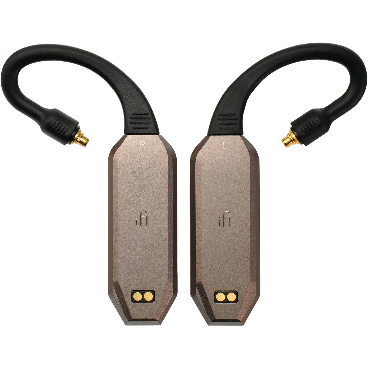 iFi Audio Go Pod Max headphone amplifier and DAC, compact portable audio device with sleek design and control buttons visible.