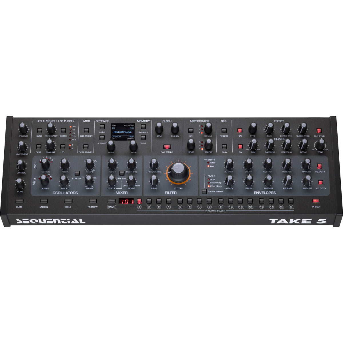 Sequential Take 5 desktop synthesizer with knobs, buttons, and a compact black design, ideal for music production.