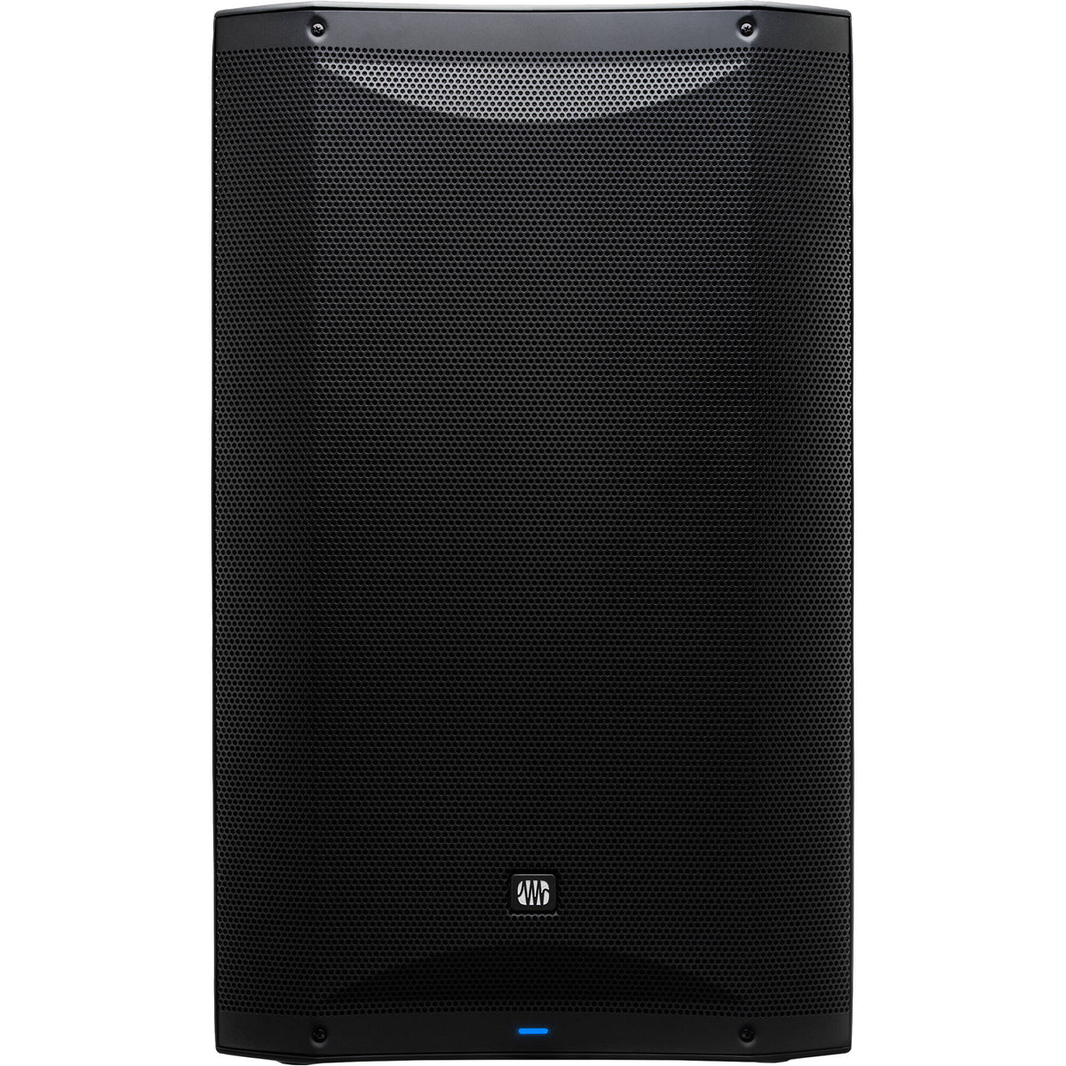 Presonus Air XD 15 active loudspeakers shown with front and side views, featuring black cabinets and control panels.