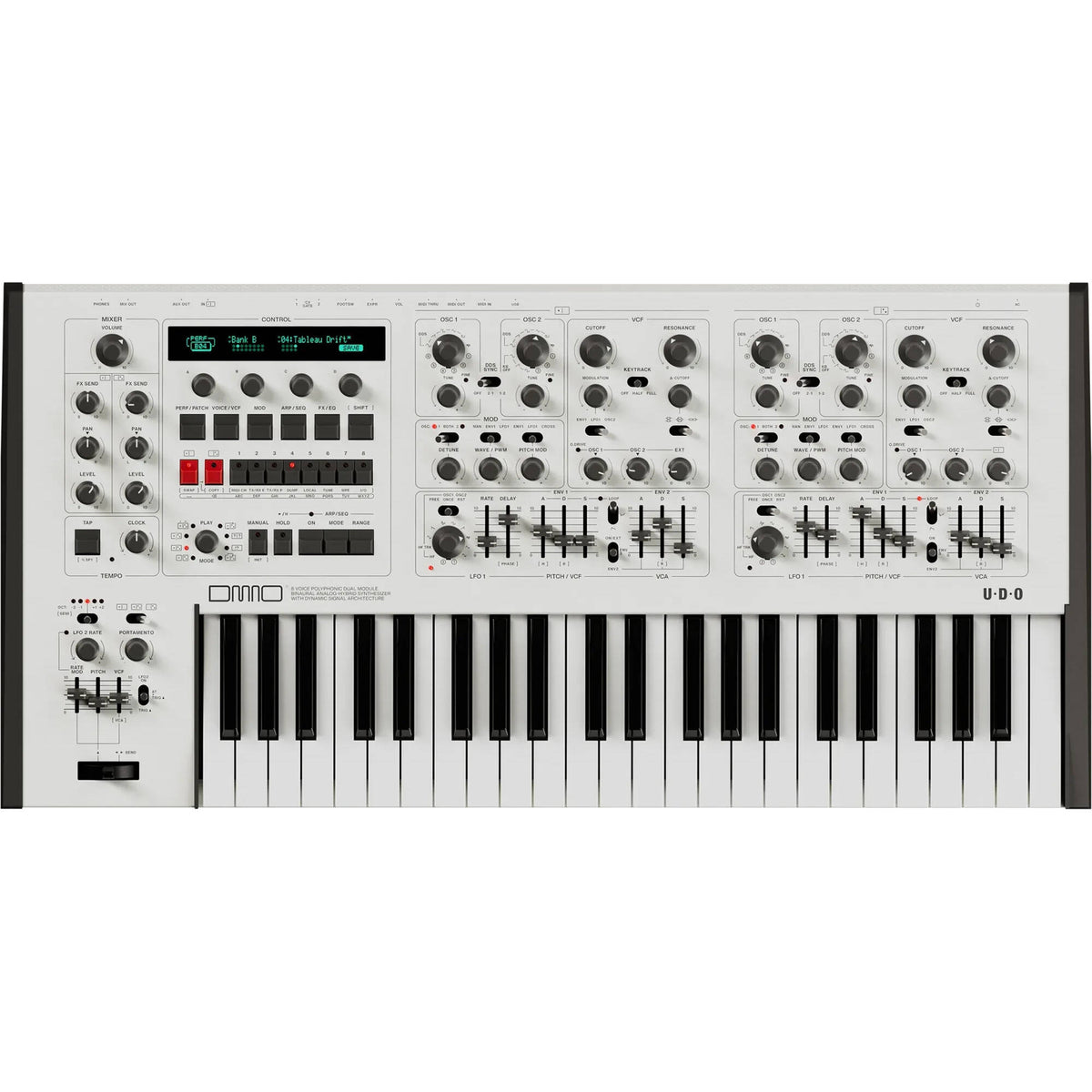 UDO Audio DMNO keyboard synthesizer with modern design, featuring multiple control knobs and a sleek black finish.
