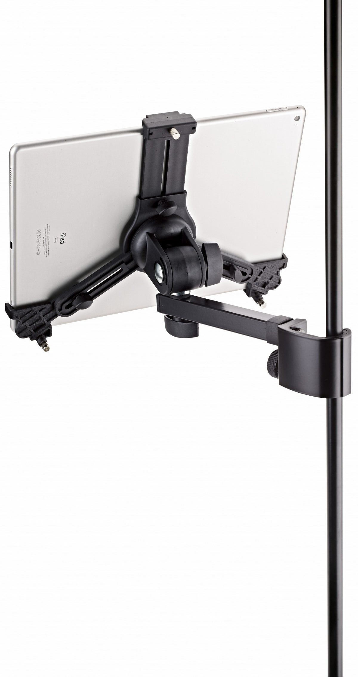 K&M 19791 multimedia microphone stand and holder with adjustable arm and sturdy base for professional audio setups.
