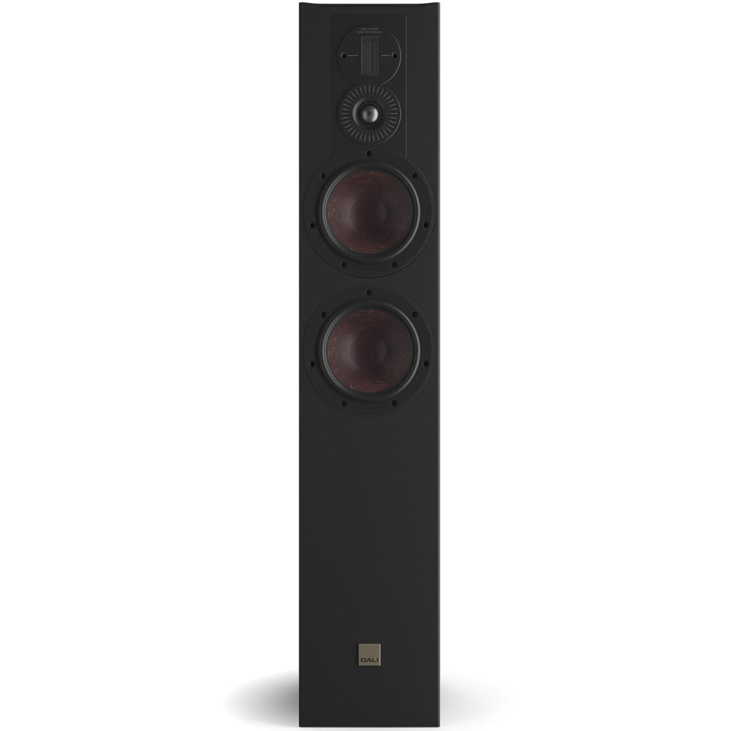 Black DALI Opticon 6 MK2 passive floorstanding speakers with sleek design and high-quality drivers for premium home audio.