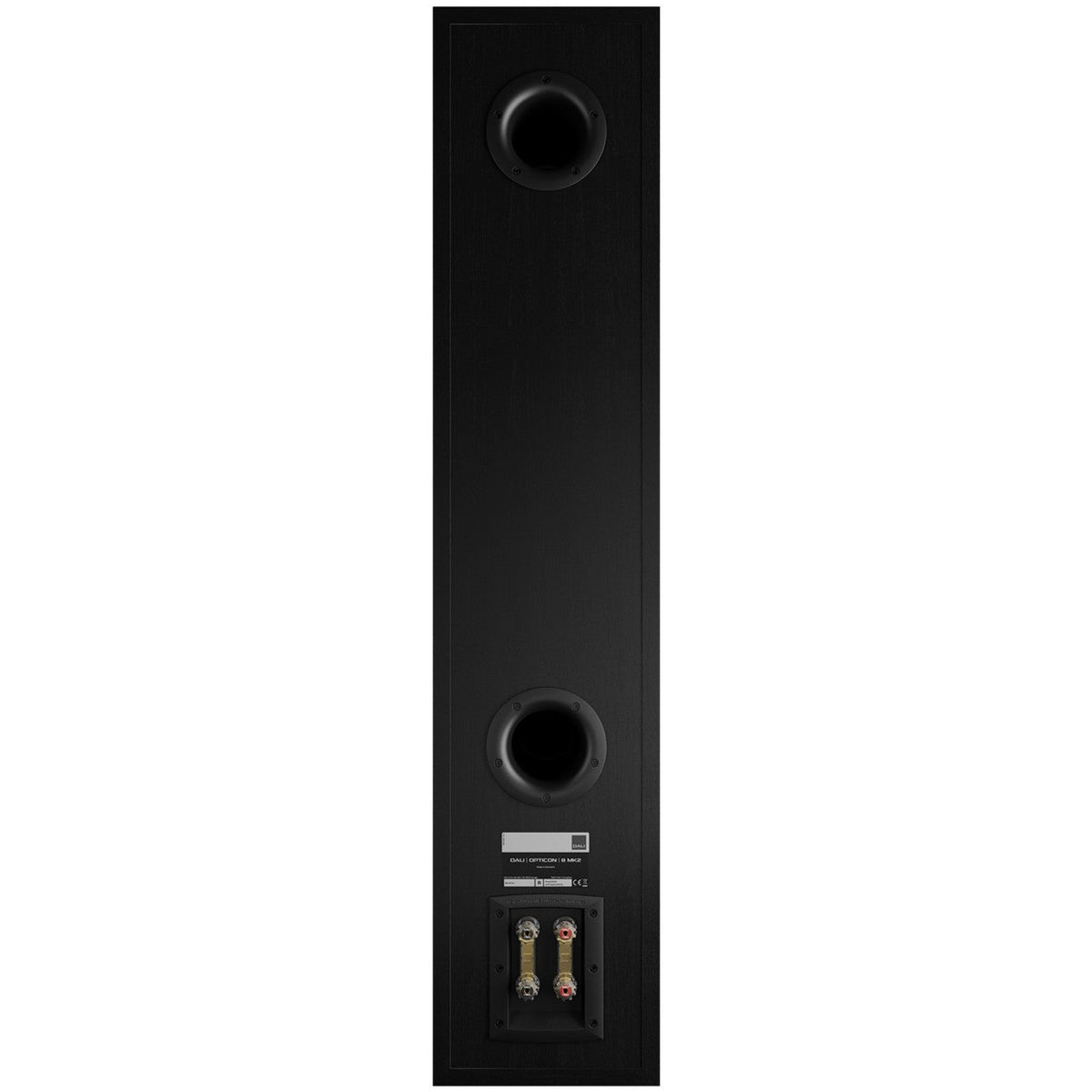 DALI Opticon 8 MK2 passive floorstanding speaker with black finish, showing rear connection panel and venting grille.