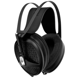 Meze Audio Empyrean II wired headphones with black ear cups and headband, showing detailed ear cushions and sleek design.