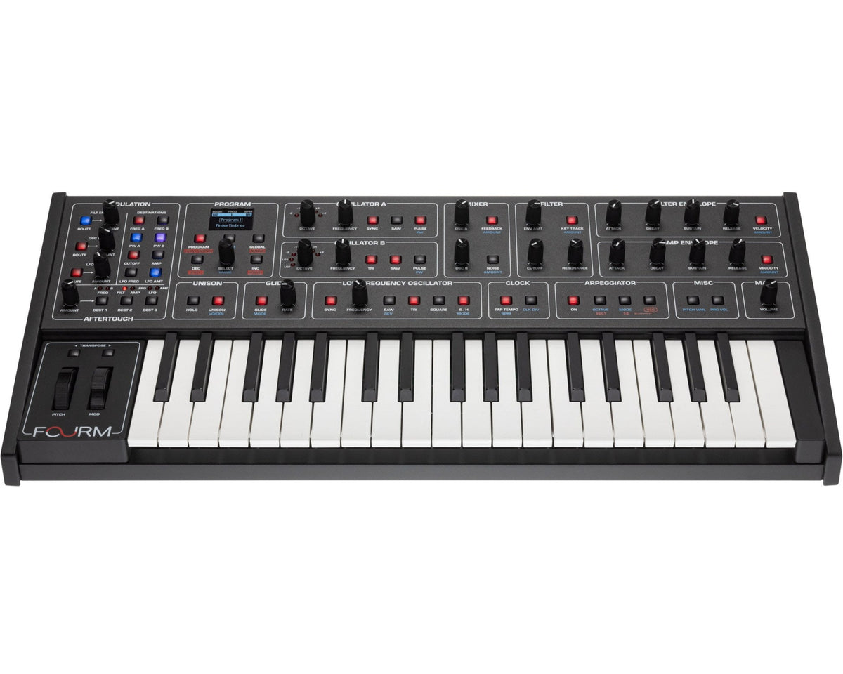 Sequential Fourm keyboard synthesizer with knobs and keys, showcasing its compact design and control panel.