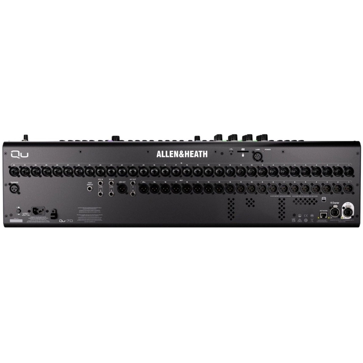 Allen & Heath Qu-7D digital mixer with Dante connectivity, showing rear panel and input/output ports.