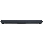 Bluesound Pulse Cinema Mini soundbar in black, front view on a tabletop, showcasing its sleek design and compact size.