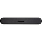 Bluesound Pulse Cinema Mini soundbar in black, placed on a tabletop, showcasing its sleek design and compact TV speaker setup.