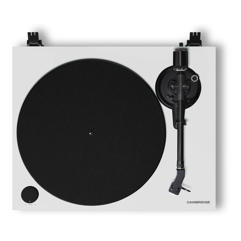 Cambridge Audio Spira turntable in White, top-down view of platter and tonearm