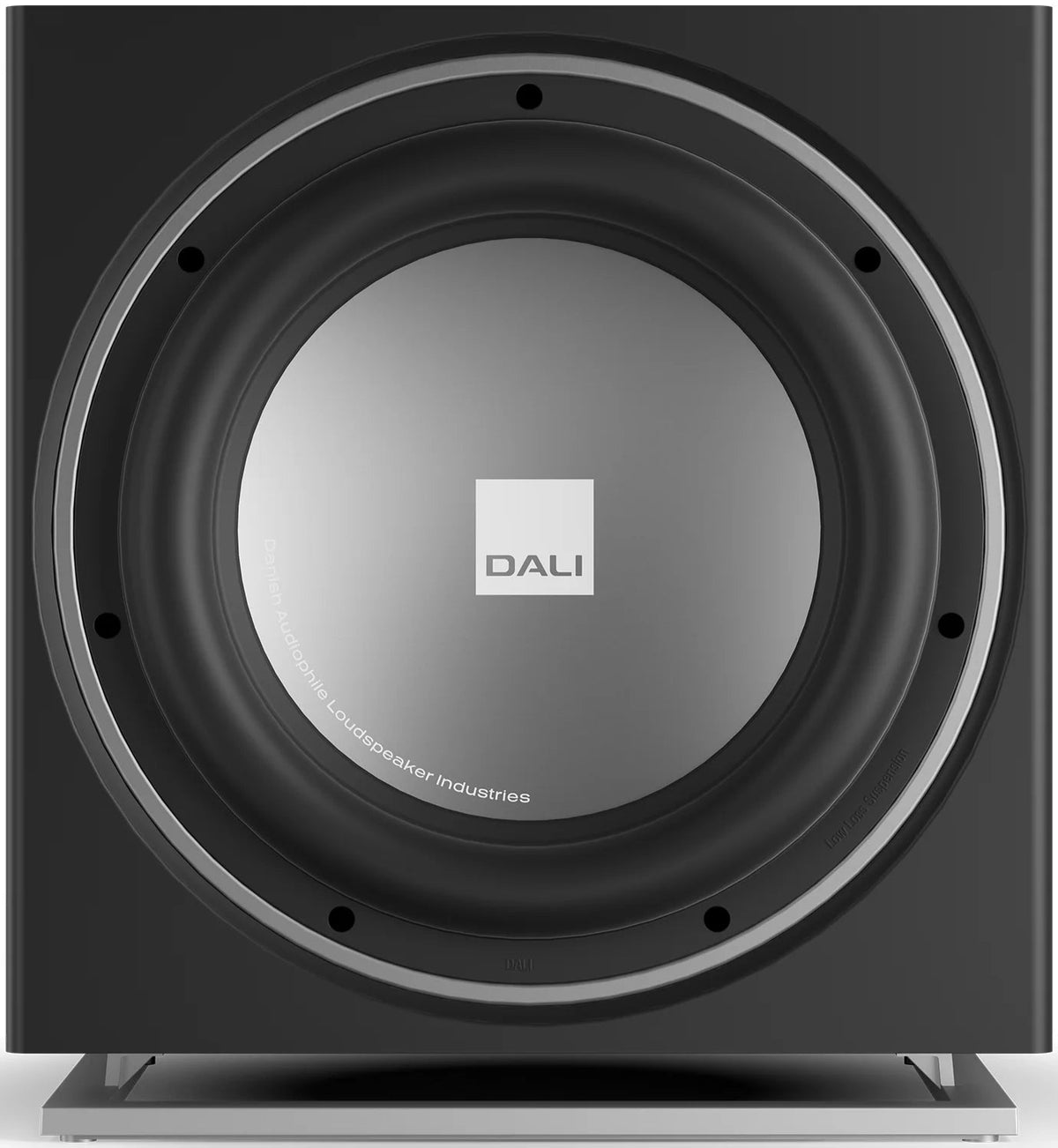 DALI Sub E-12 F black satin subwoofer with sleek design, showcasing its compact form and high-quality build for powerful bass.
