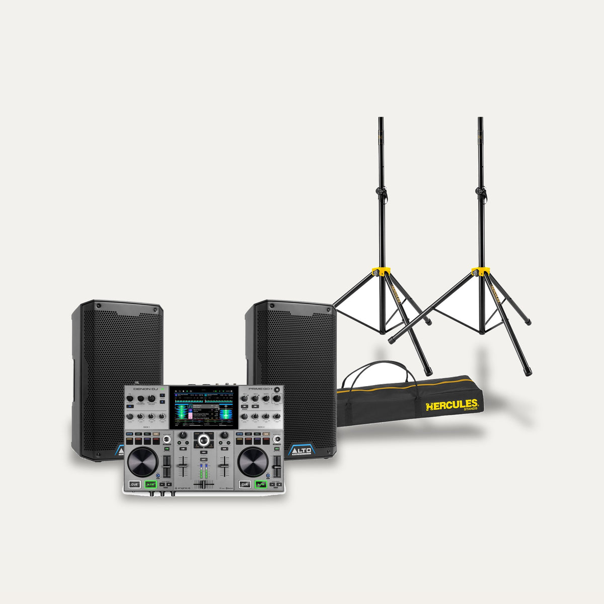 Denon DJ Prime GO+ + 2 x Alto TS408 + Hercules Stands Mobile DJ Set