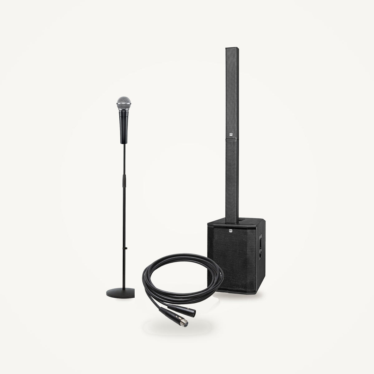 HK Audio POLAR 15 MK2 vocal starter set: column PA system with a Shure SM58 on a K&M 260/1 stand and a Hosa XLR cable