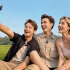 Hollyland Lark M3 transmitters worn by three friends filming a selfie video outdoors