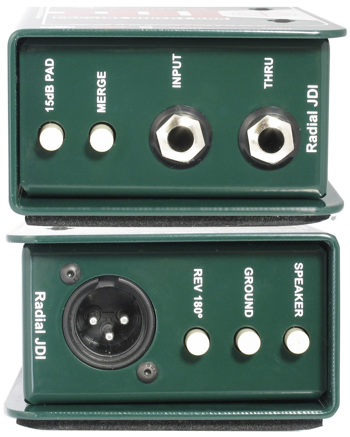 Radial Engineering JDI mono DI box with stacked connectors and metal housing, ideal for professional audio instrument connections
